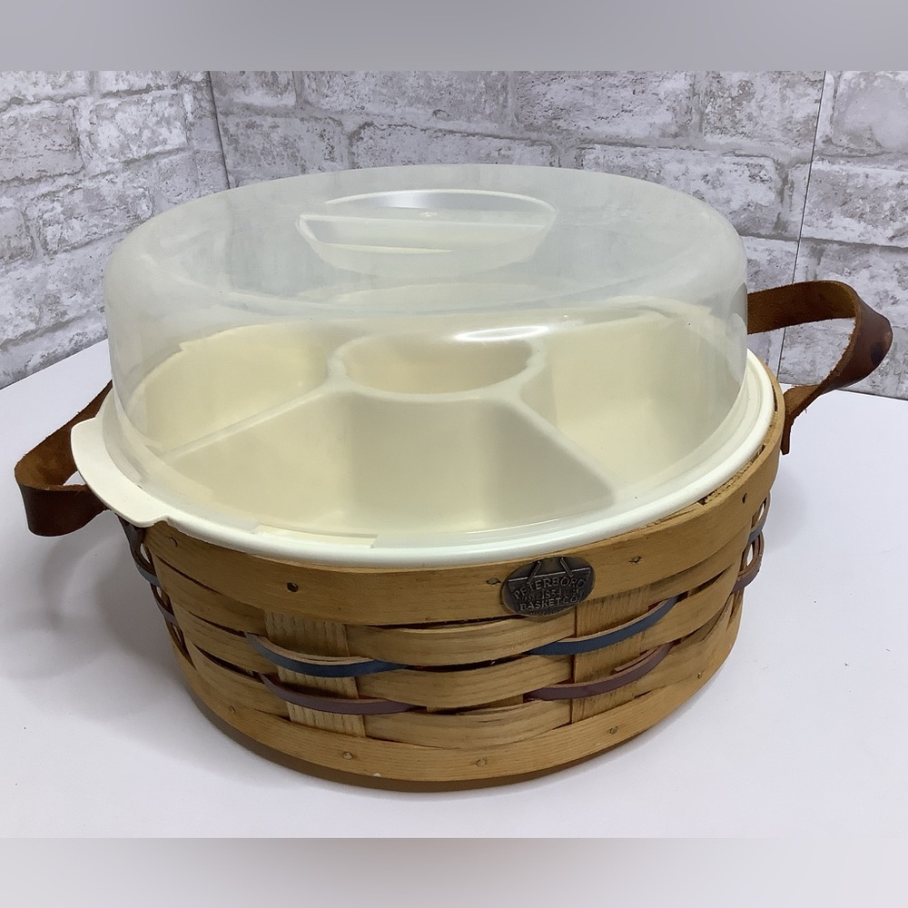 Peterboro Lazy Susan Divided Plastic Insert w/ Lid Leather Carry Handles Basket